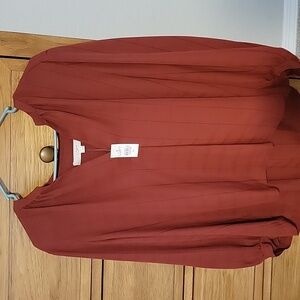 LOFT Dark Red V-Neck Long Sleeve Blouse